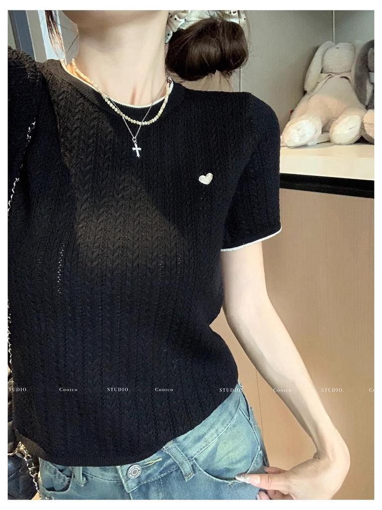 Chic Color Block Crew Neck Short Sleeve Knitted T-Shirt for Women - Preppy Style Summer 2025