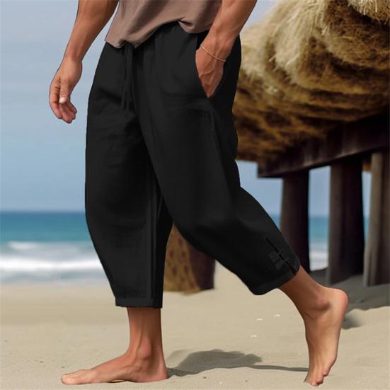 Men Cropped Pants Drawstring Elastic Waist Solid Color Loose Pockets Split Deep Crotch Soft Breathable Summer Vacation Beach Trousers