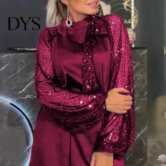 Sequin Embellished Dress Women Round Neck Lace-up Strap Shiny Patchwork Long Sleeves Midi Spring Party Loose Solid Color Knee Length Autumn