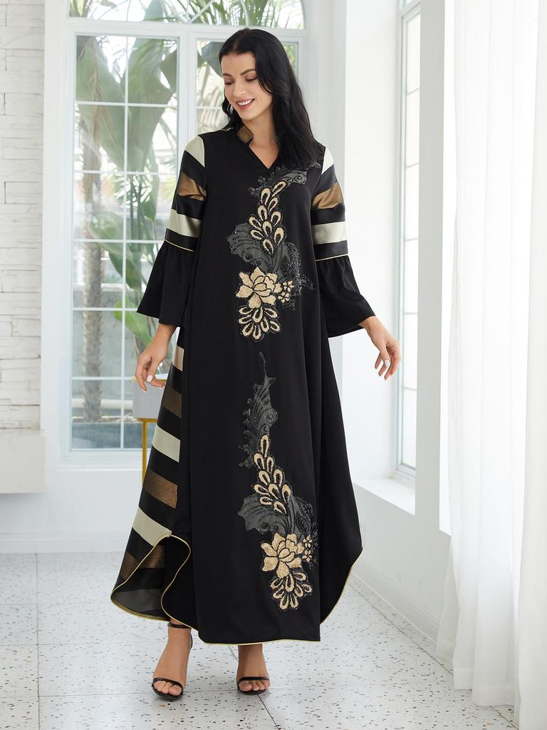 SZ010 Damen Patchwork Gestreiftes Abaya Langes Kleid - Nahöstlicher Muslimischer Stil Robe