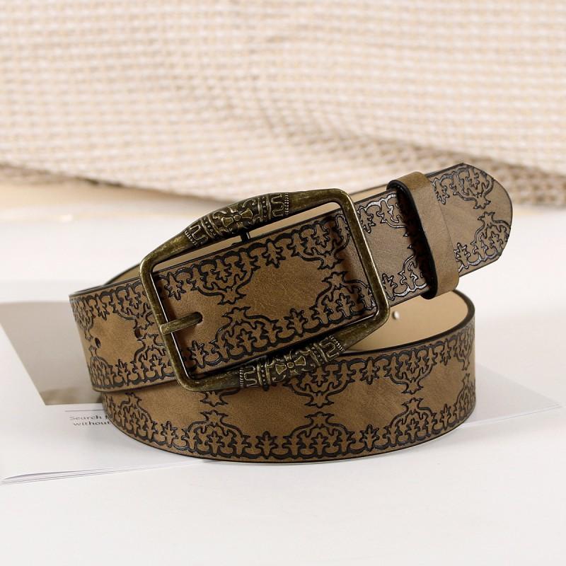 Vintage Brown Engraved Belt Womens Jeans Fashion Western Style Pin Buckle