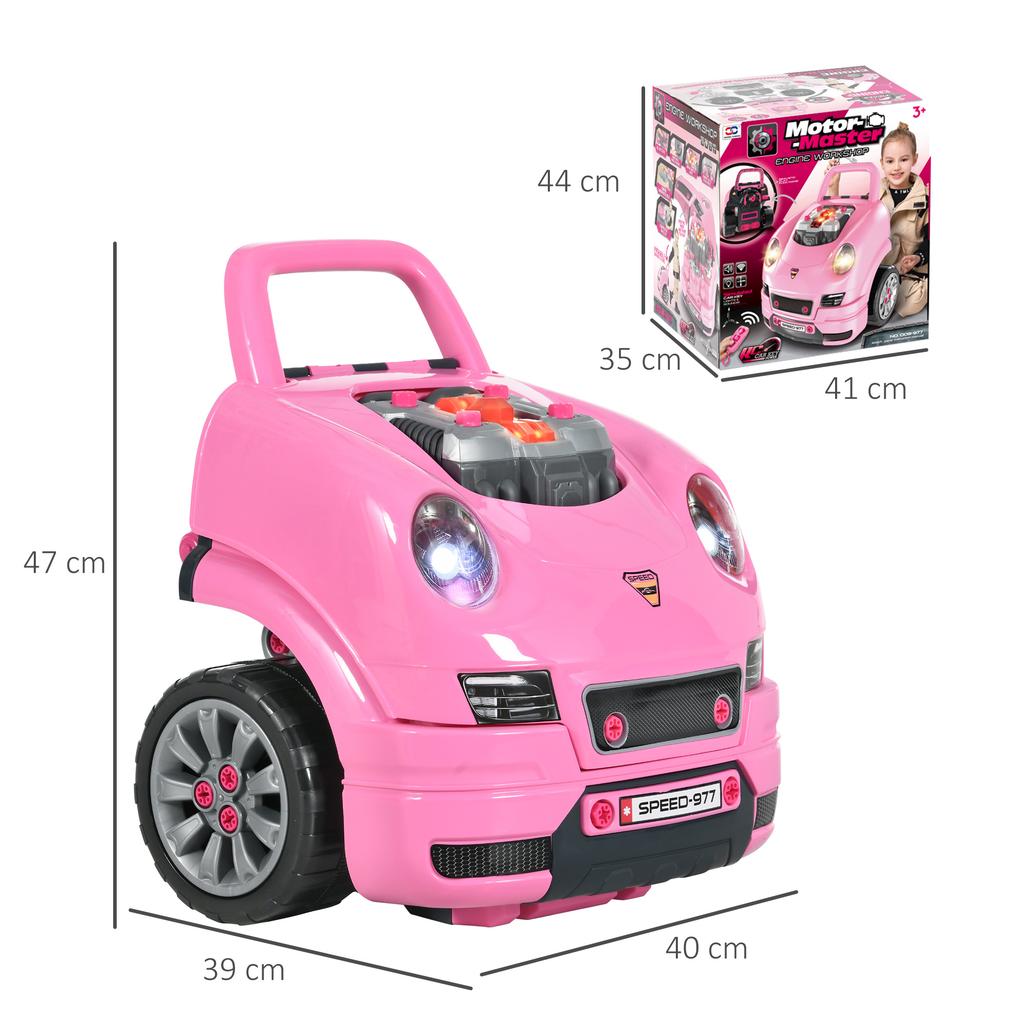 Children's Motor Set with Tools, 61 Pieces, Steering Wheel, Horn, Headlights, Storage Box and Wheels, 40x39x47 Cm, Pink