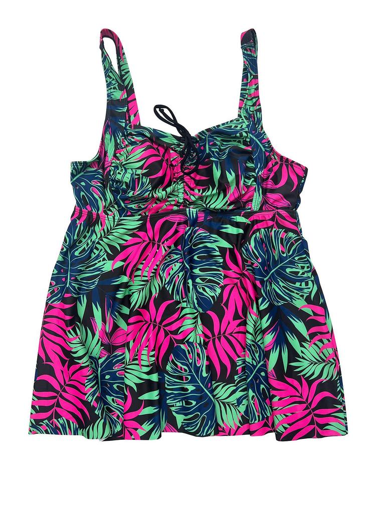 2026 European & American Plus Size Floral Leaf Print Two-Piece Conservative Boyleg Swimsuit for Women