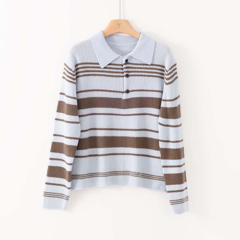 Soft Waxy Retro Polo Collar Striped Contrasting Color Quan Wool Knitted Sweater Women's Early Autumn New Inner Pullover Bottoming Shirt