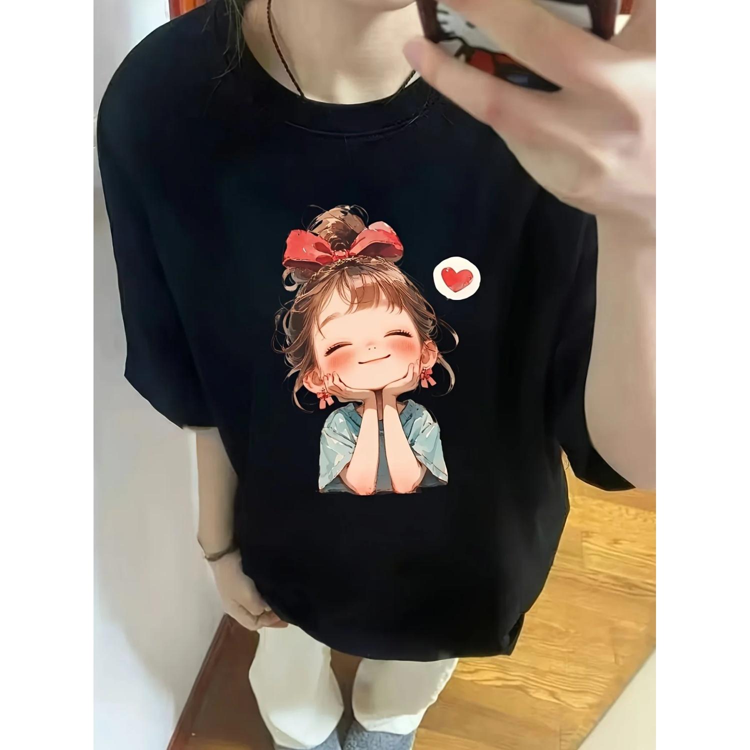 

Neck Polyester Knit Fit Adorable Illustration with Red Bow Women s Cute Cartoon Print Short Sleeve Black Style Round Streetwear S чёрный
