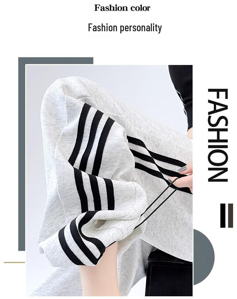 2025 Petite High-Waisted White & Gray Striped Wide-Leg Sweatpants - Autumn/Winter