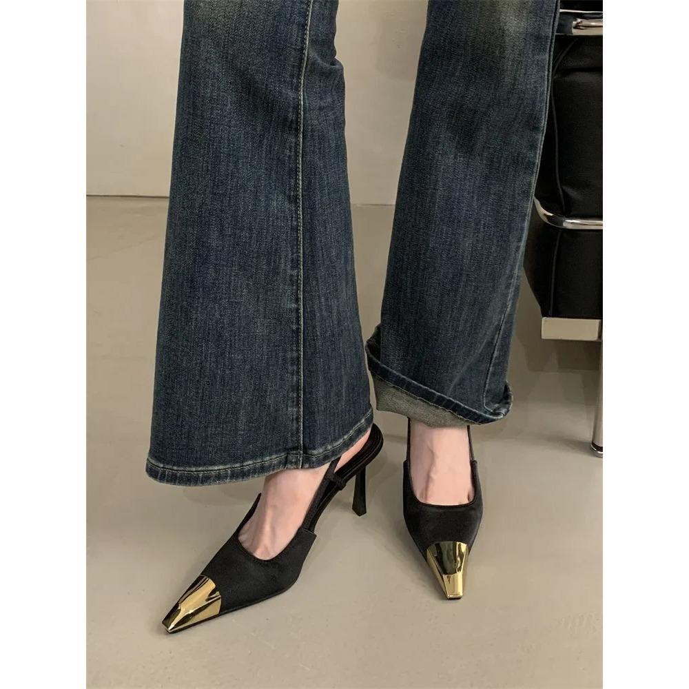 Spitze Dünne Absätze Slingback Pumps Damen KLEID für Metallverzierung Flache Luxus Schuhe Größe:35 40