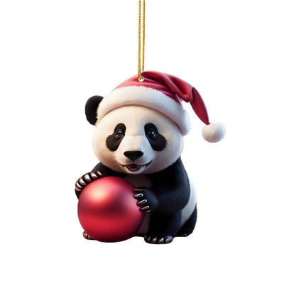 Fashion 2D Christmas Panda Ornament Cute Acrylic Car Panda Pendants Cartoon Xmas Hanging Ornament Xmas Tree Decor