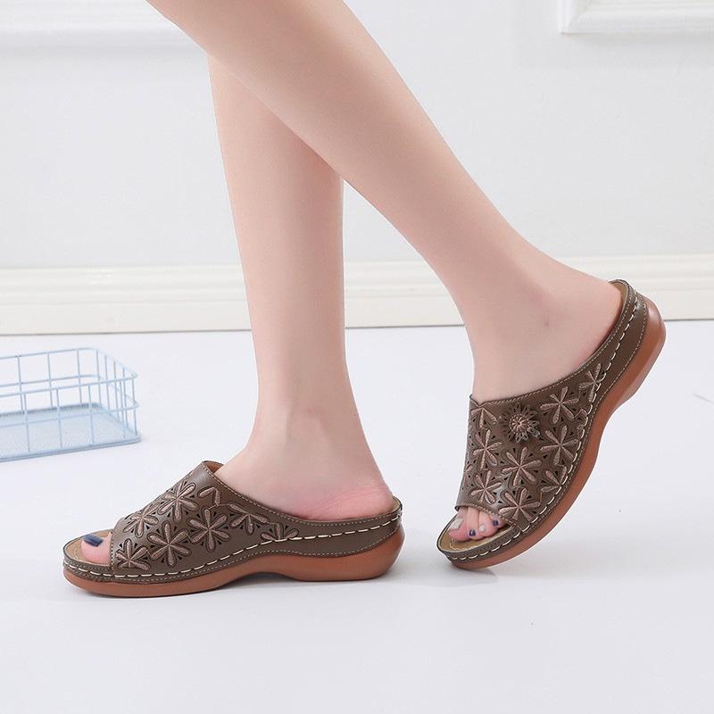 Summer new large size fashion slope heel cool slippers women's hollow flower word cool slippers