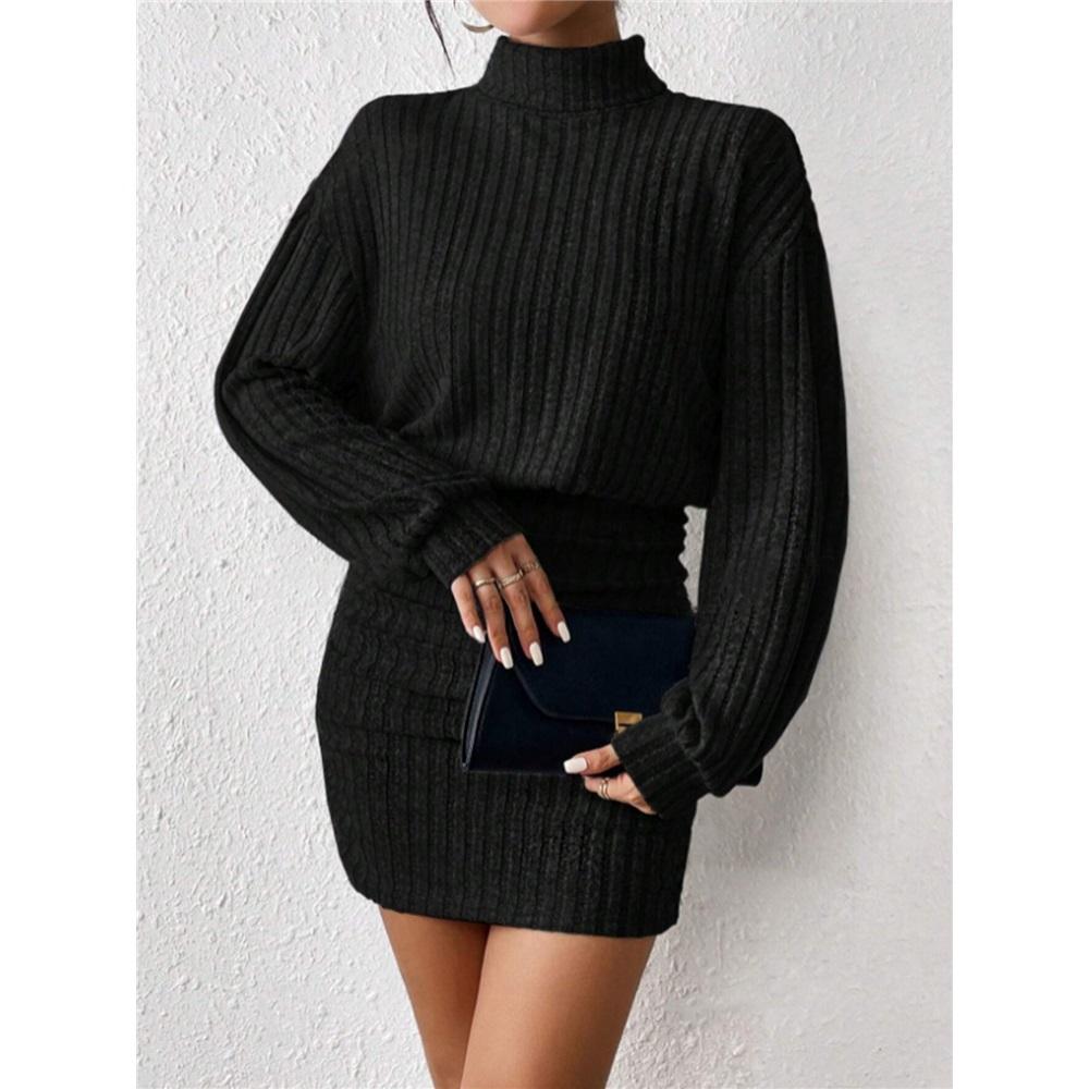 Dámské sexy přiléhavé krátké šaty s dlouhým rukávem a rolákem, úplet s žebrováním