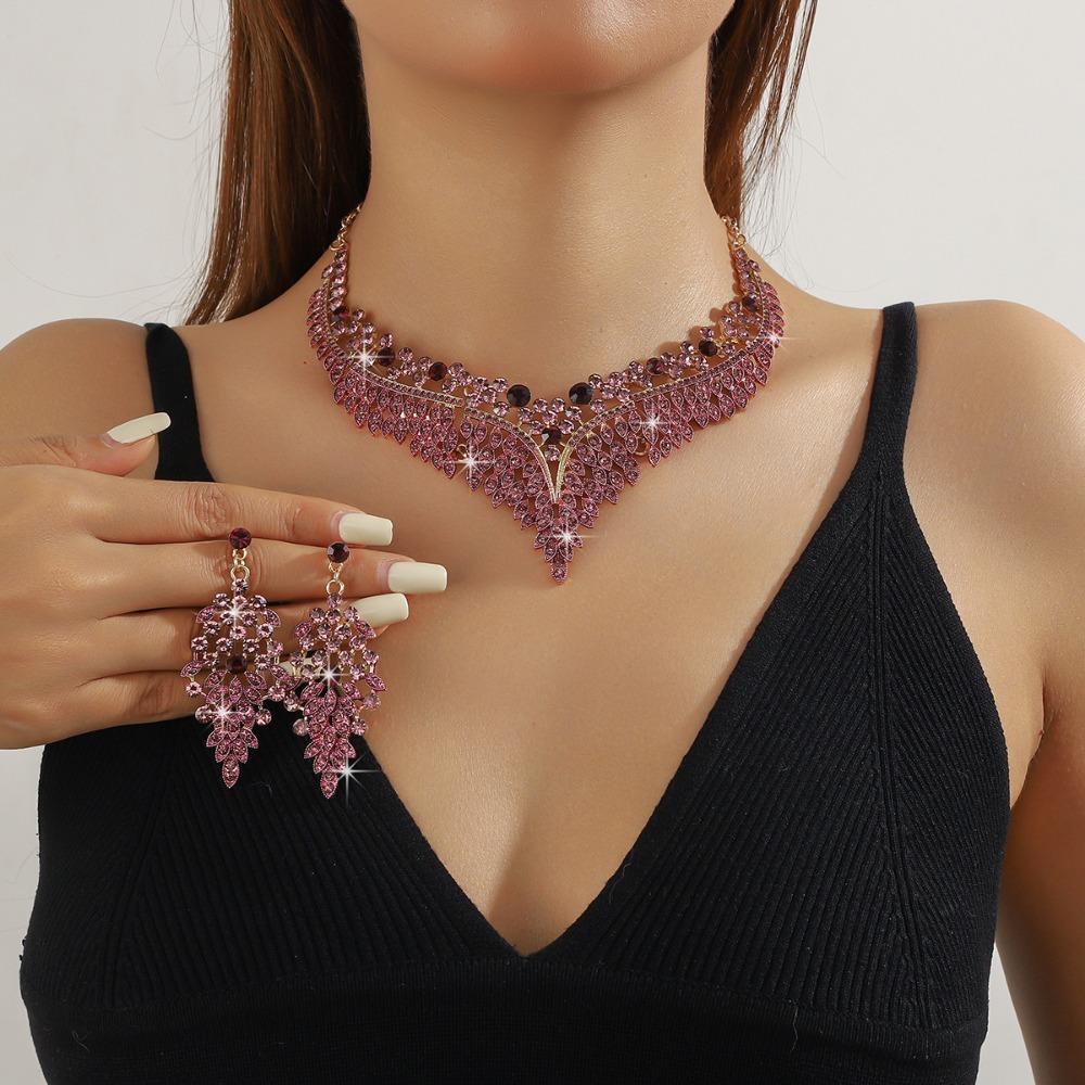 Fashion Jewelry Set Inlay Rhinestone Clavicle Chain Necklace Earring Set  Party