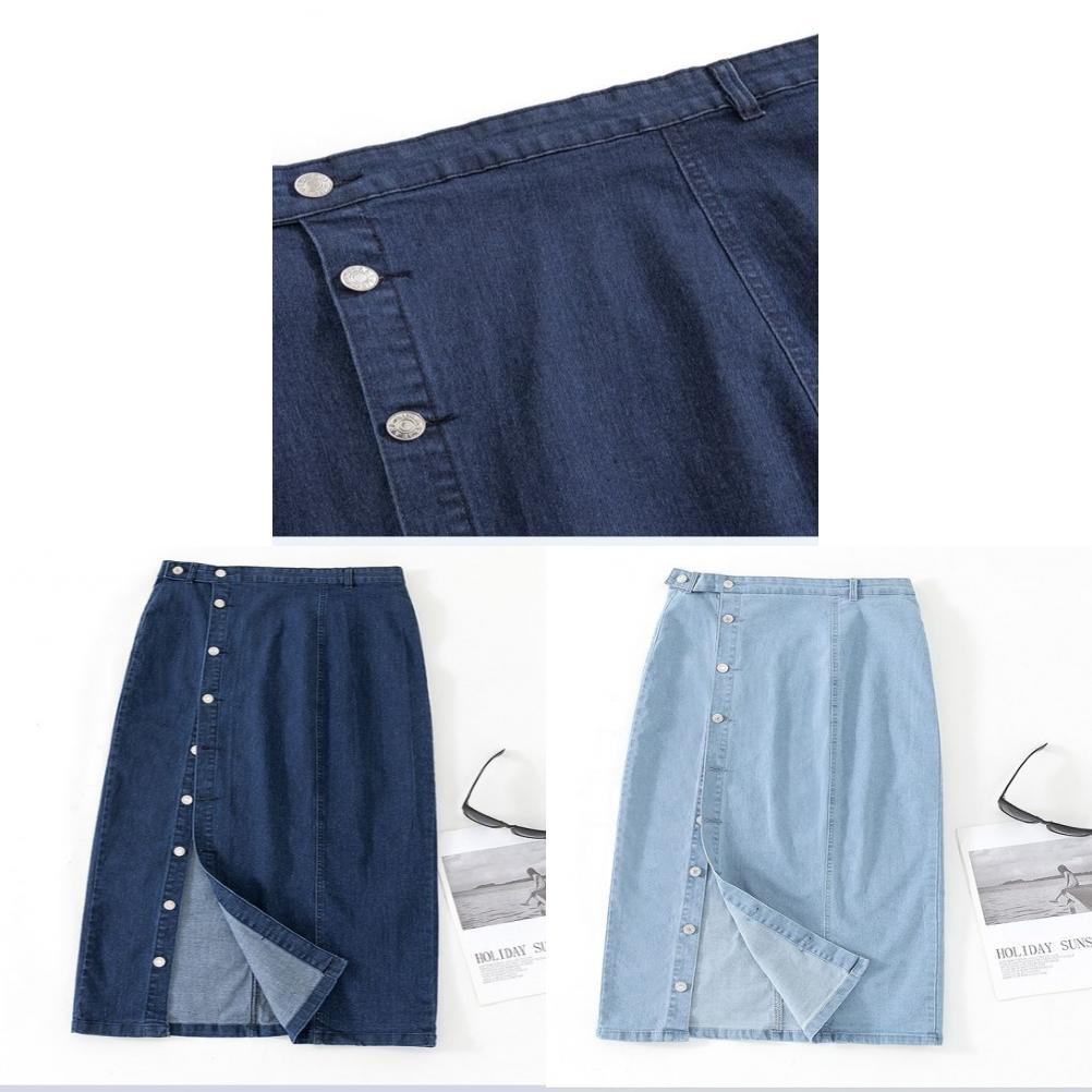 Denim Midi Skirt With High Waist And Stretchable Cotton Fabric For Casual Women