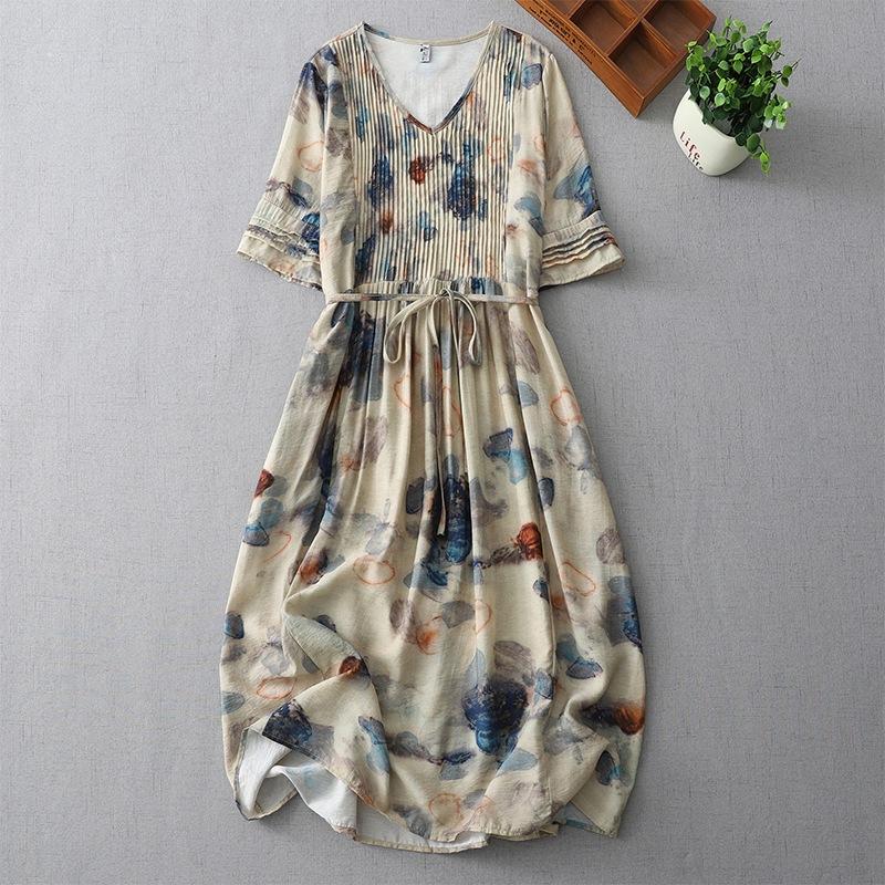 

Платье из хлопка премиум-класса с V-образным вырезом и короткими рукавами, лето 2025, новое свободное плиссированное платье с принтом средней и длинной длины XXL