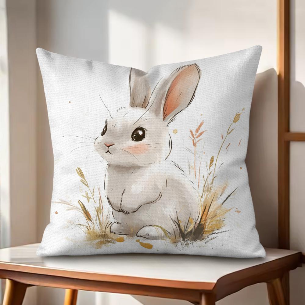 Cute Retro Bunny Cushion Cover Natural Linen Organic Fabric DoubleSided Printing Couch Pillow Covers Home Decor