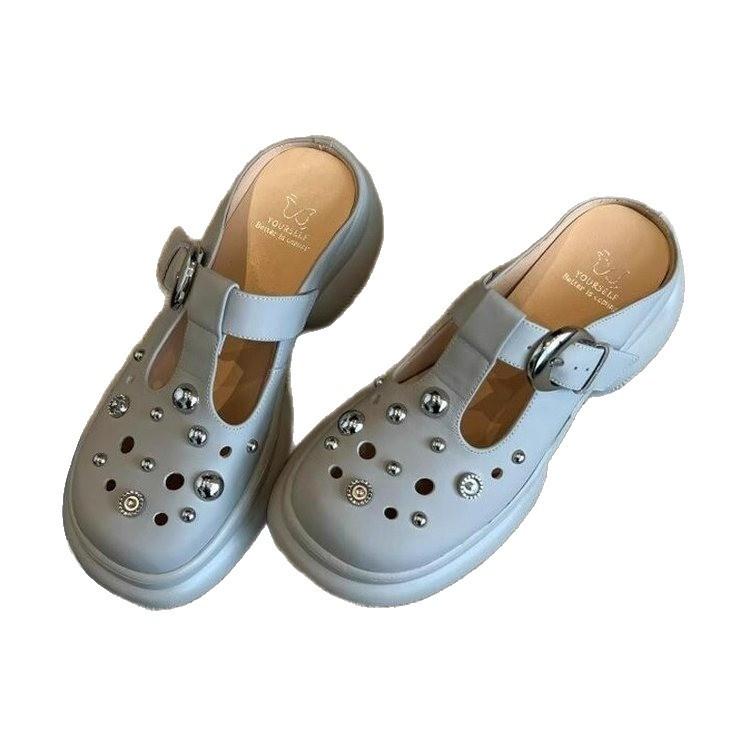 2025 Summer New Leather Thick-soled Heightened Non-slip Soft-soled Cool Slippers Women's Fashion Outer Wear Beach Shoes Hole Shoes