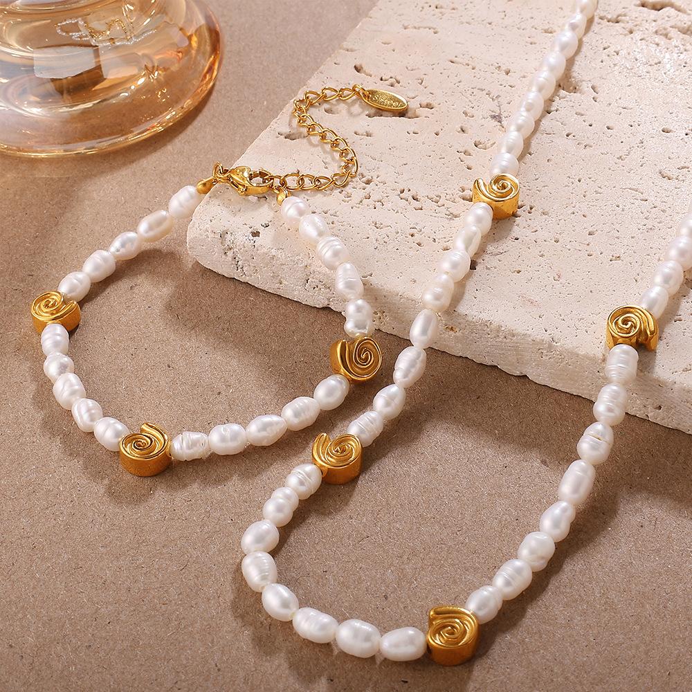 French Seaside Beach Wind Shell Gold Bean Natural Freshwater Pearl Bracelet Necklace Stainless Steel Gold-plated Set
