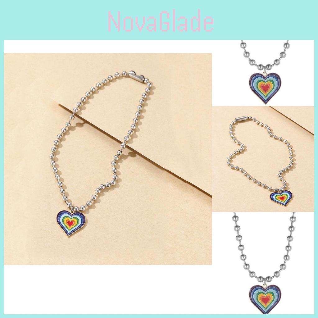 Stylish Multicolor Heart Pendant Necklace With Trendy Beaded Chain For Women