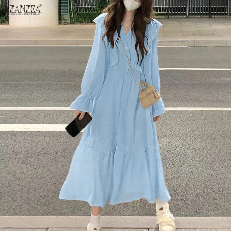 ZANZEA Women Casual V-Neck Solid Color Loose Long Sleeve Dress