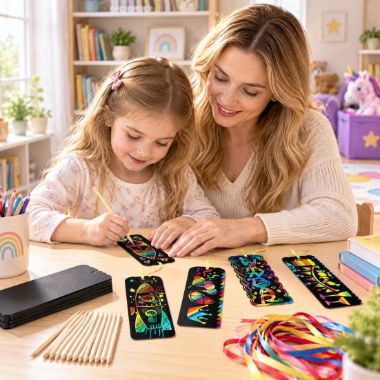 Paper Crafts for Holiday Gifts 12PCS Scratch Art Bookmarks, Thick White Cardboard Creative Rainbow Drawing Paper, DIY Projects Minds Artistic