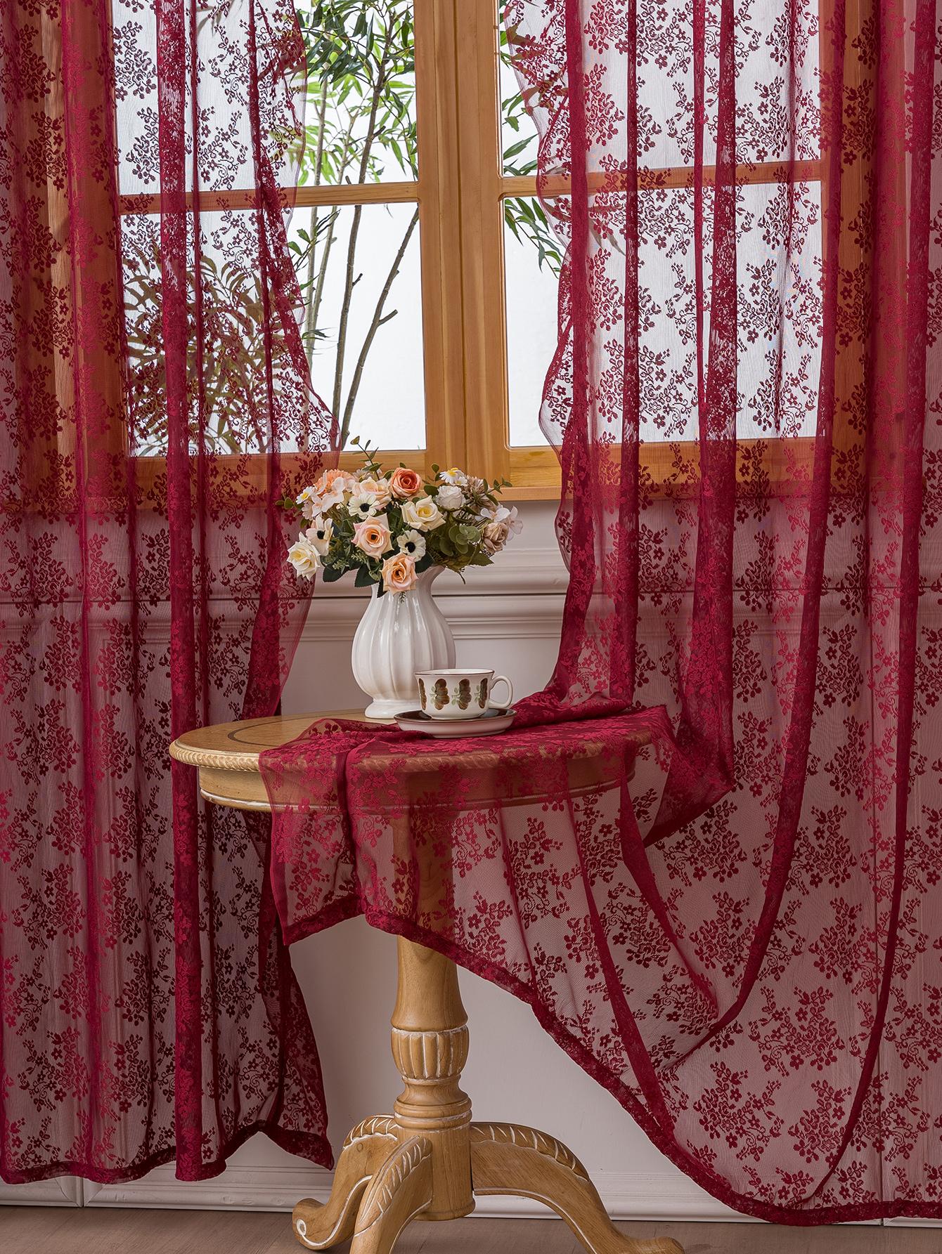 Franse Landelijke Bourgogne Kant Gordijnen - Vintage Bloemige Doorzichtige Gordijnen met Ruchesrand voor Woonkamer 140x100cm 1PC&Rod pocket &1 panel rood