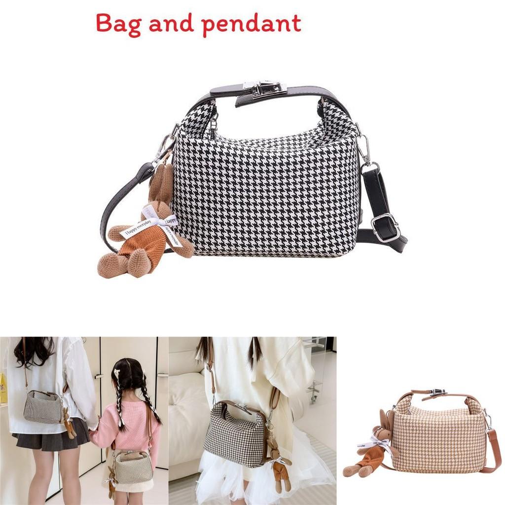 Simple Houndstooth Pattern Parent Child Shoulder Bag With Pendant For Kids Daily Use