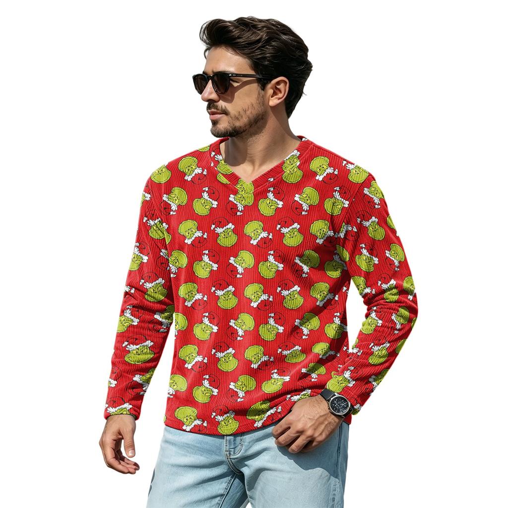 Men's Casual Loose Fit V-Neck Shirt with Christmas Print for Holiday Occasions