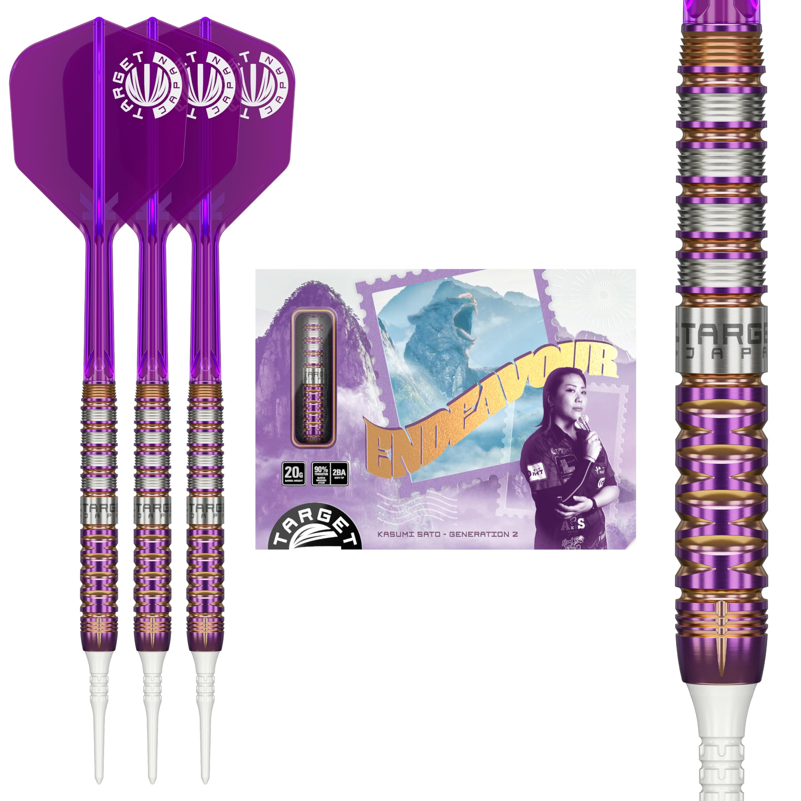 

Target Japan ENDEAVOUR G2 Kasumi Sato Tungsten Soft Tip Darts Set 20g Shape Flights and Shafts 2BA White Pixel Tip 90% K-Flex K-Flex No.6 (Endeavor фіолетовий