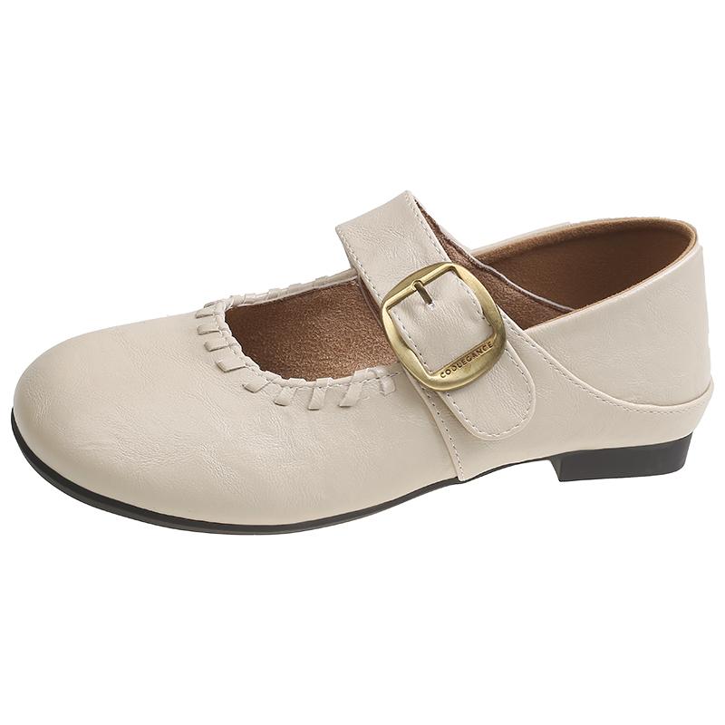 

Round Toe Shallow Mouth Metal Buckle One-Strap Leather Shoes Women s Spring New Retro Soft-Soled Flat Shoes 35 бежевый