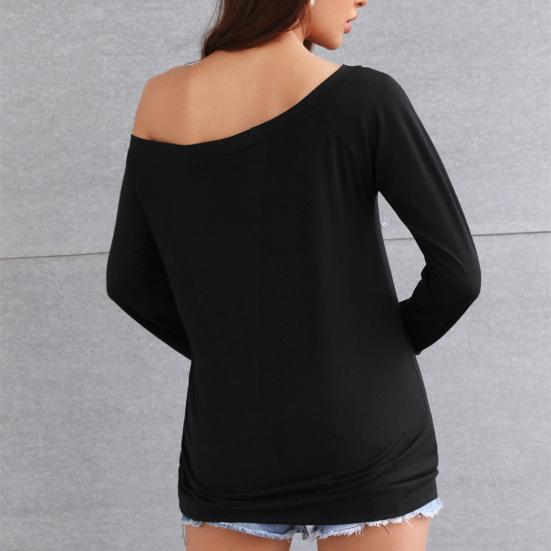 Women T-shirt Solid Color Off Shoulder Autumn Long Sleeve Slash Neck Strapless Pullover Streetwear