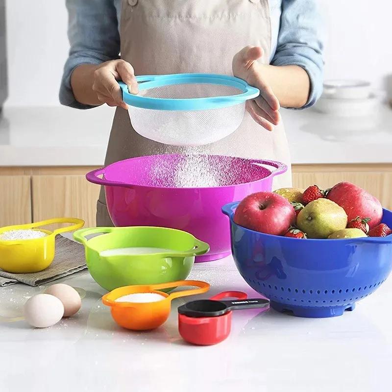 10 Pcs/set Rainbow Mixing Bowls Nesting Bowls Stackable Measuring Cups Sieve Strainer Multifunctional Colander Salad Baking Tool