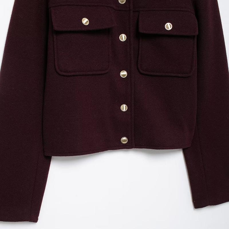 Moda Damska Z Kieszeniami Bordowy Jednorzędowe Kurtki Vintage Okrągły Dekolt Długi Rękaw Damskie Szykowne Stroje