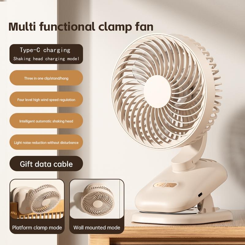 Multi functional portable clip fan, high wind power USB charging adjustable oscillating circulating fan, office desktop fan.