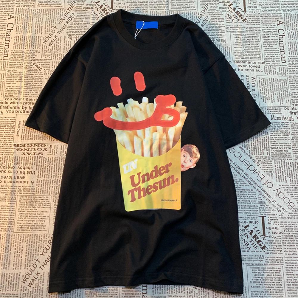 Šťastné hranolky Americký retro zábavný potisk Krátký rukáv Pánské Dámské tričko Módní Volné a Všestranné Oblečení pro pár Bavlna