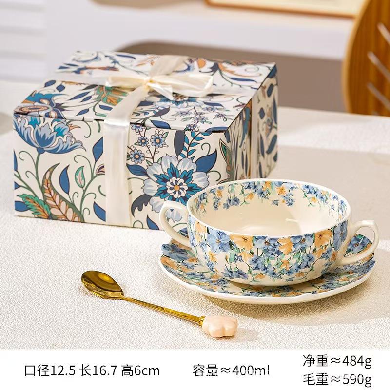 Orchidee Blau und Weiß Keramik Binaural Schalen Set, High-End Geschenke, Retro Haushaltschalen, Hochwertige Reisschalen, Knochenspuck-Schälchen