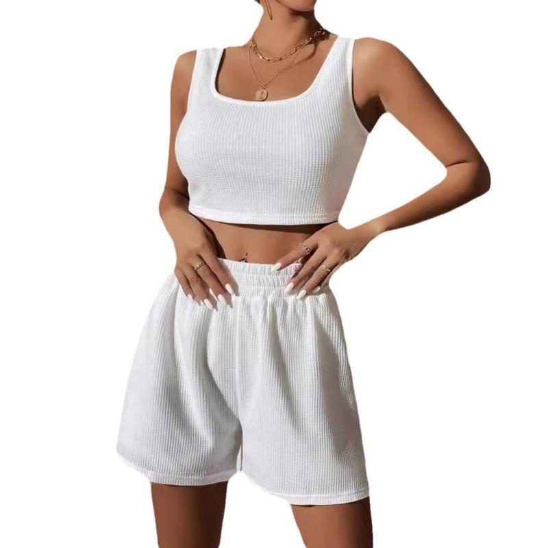 Women Sweet Casual Solid Color Sleeveless Crop Top And Shorts Set S