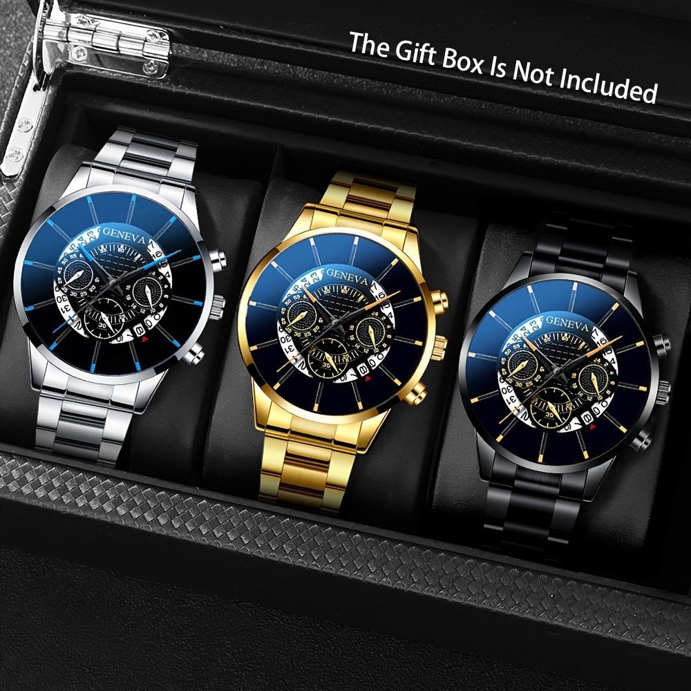 Geneva Watch 3-Piece Set Men S Steel Strap Watch Quartz Watch Fashion Watch Casual Watch