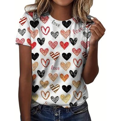 Valentine's Day Women's T-Shirt Love Heart Print Summer O Neck Short Sleeve Top Outdoor Casual T-Shirt Female Oversized Clothing