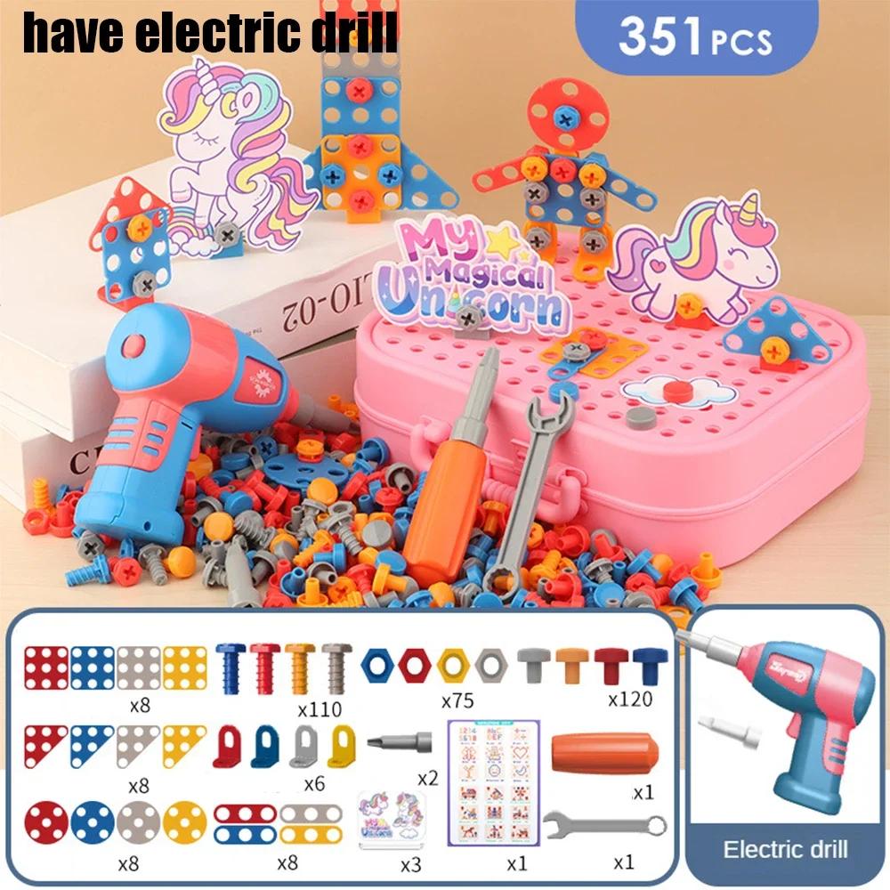 Ungiftige 3D-Puzzle-Spielzeuge Rollenspiel Werkzeugkasten Bohren Montage Lernspielzeug Kinderspielzeug Werkzeugkasten Elektrischer Bohrer Schraube Mutter