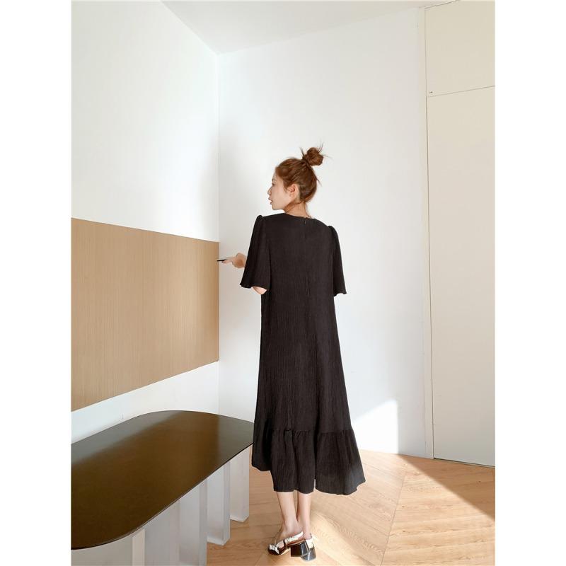 Dimanaf 2025 Summer Plus Size Dress Women Casual Vintage Short Sleeve Long Dress Loose Basic Cotton Black Dress