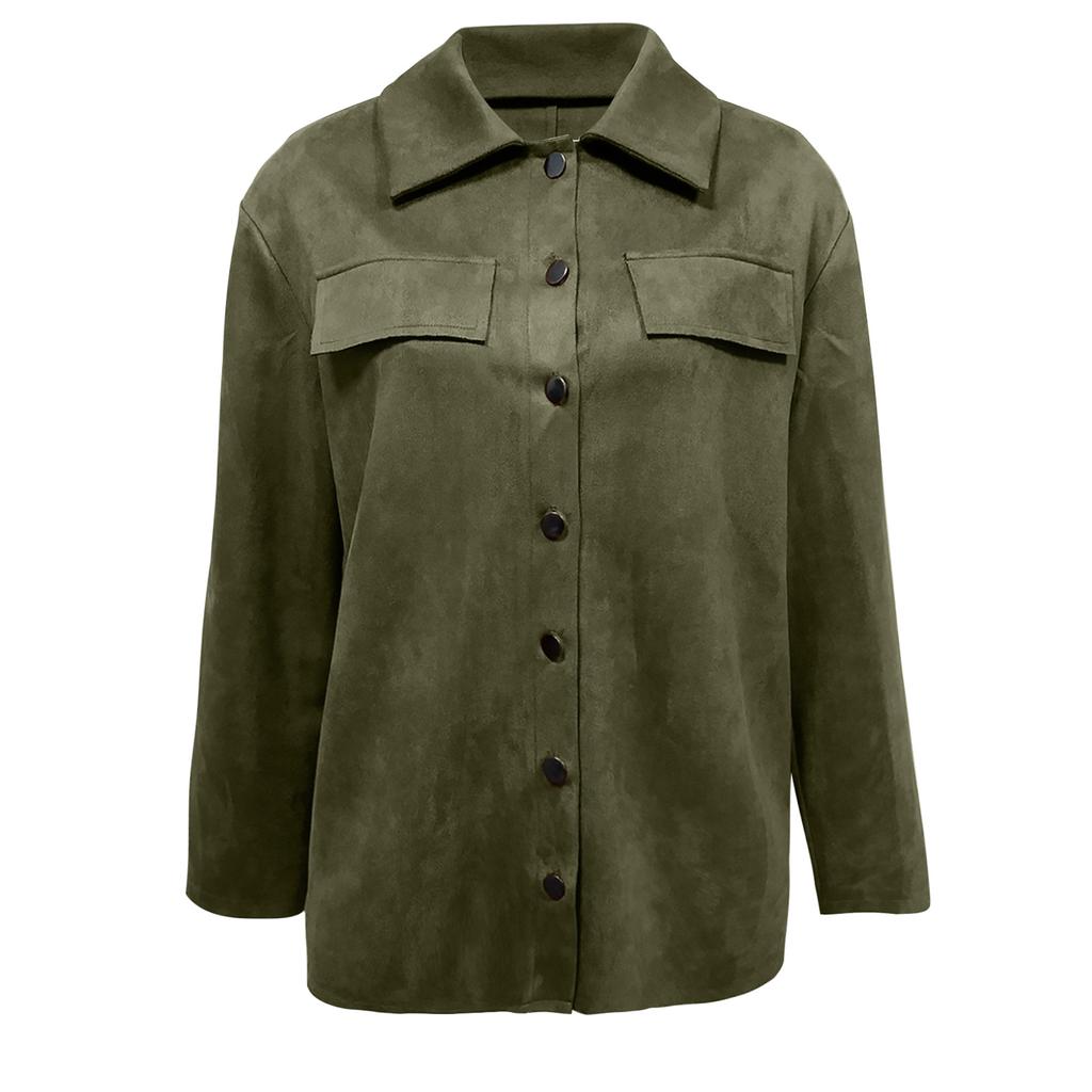 Women's Fashion- Solid Color Single-breasted Lapel Faux Deerskin Velvet Long-Sleeved Pocket Shirt Jacket