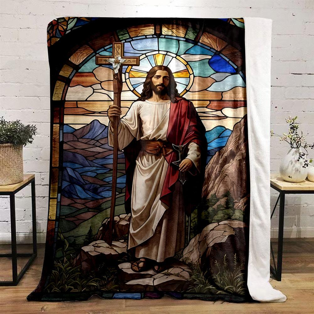 Jesus Cross Mountain Stained Glass Style Blanket Printed Blanket for Living Room Bed Couch lunch break Soft Cozy Blanket for Friend's festival Gift