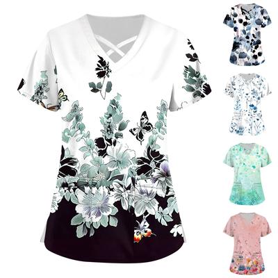 Women's Short Sleeve Stagger V Neck Print Pocket Dry-nurse Top