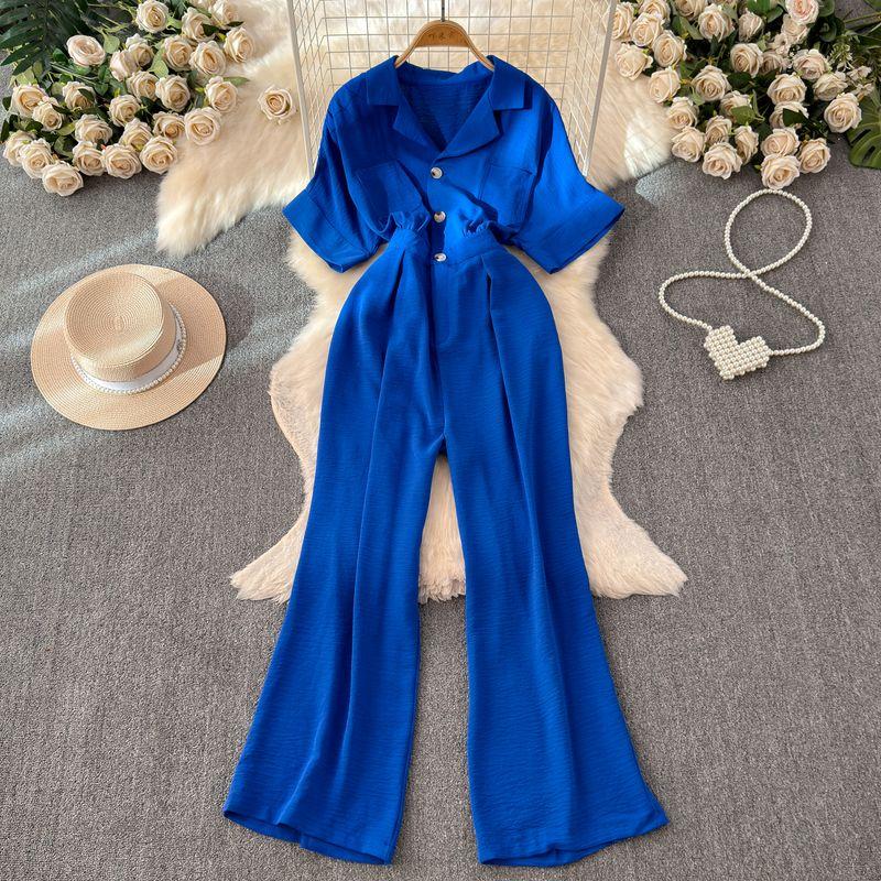 

K-style High Waist Loose Pants Casual Straight-Leg Suit Collar Blue One size
