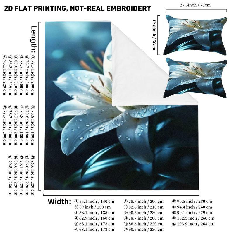 

Printed quilt cover, pillowcase, three-piece set, white lily flower with water droplet pattern, supply set, machine washable 135x200cm