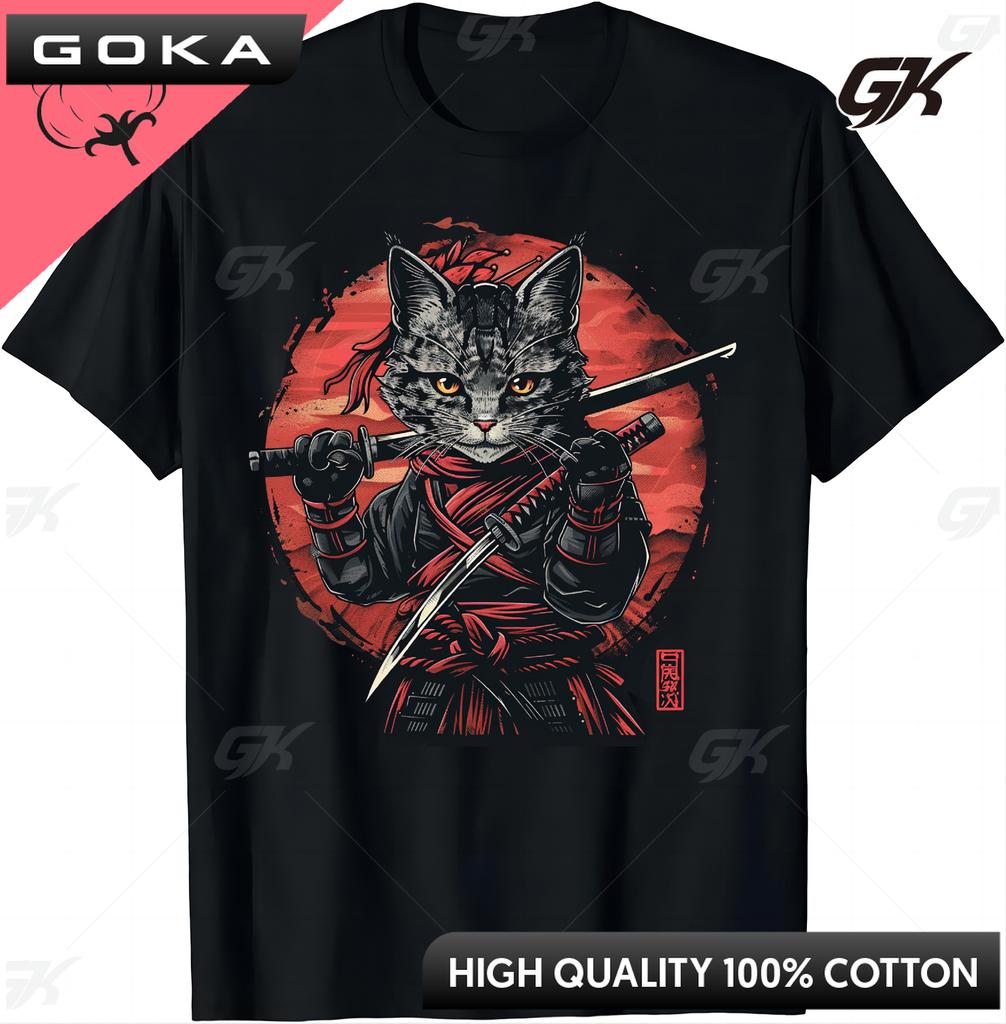 Japanese Samurai Cat Tattoo  Ninja Cat TShirt Street Cool Casual Clothes Unisex Clothes Round Short Sleeved Tops Camisetas