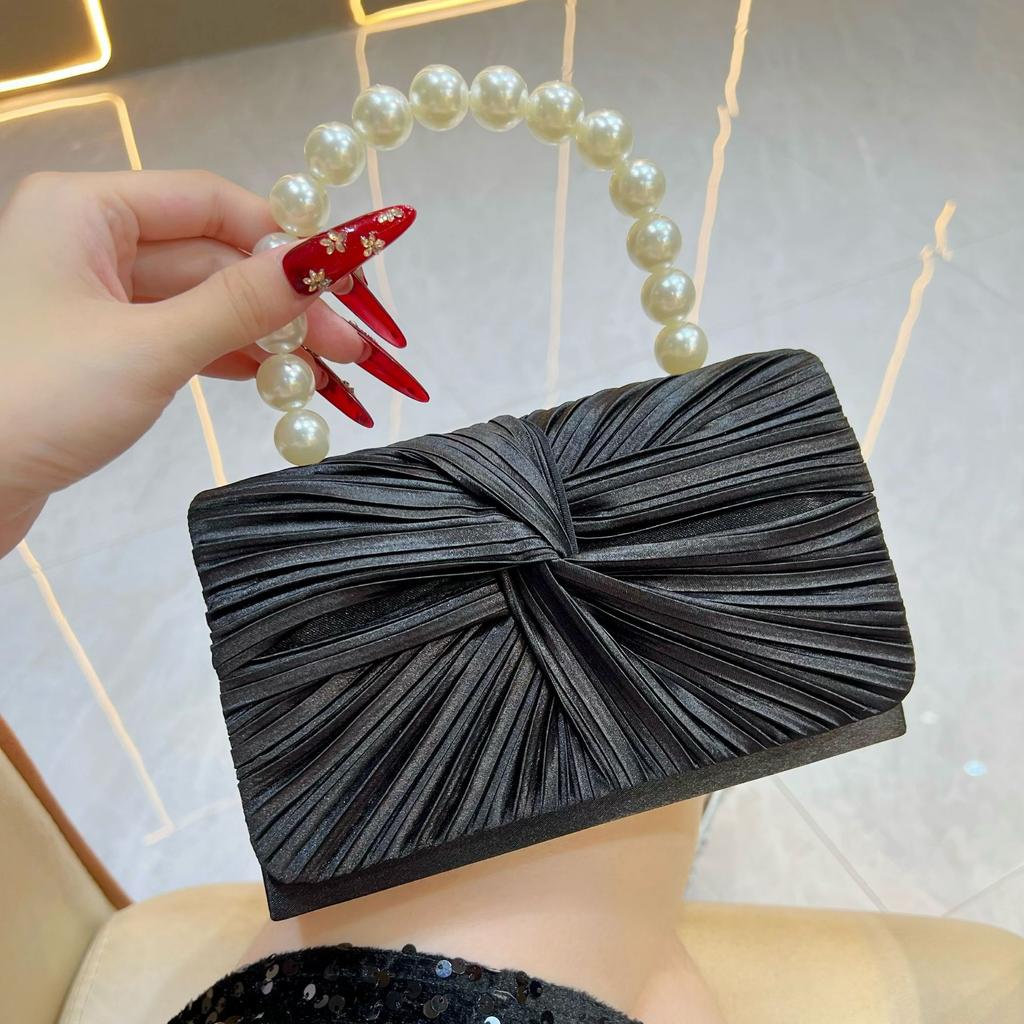 Women's Luxury Sweet Pleated Evening Bag Fashionable Pearl Handle Banquet Handbag Wedding Party Dress Bridal Dinner Clutches Bag