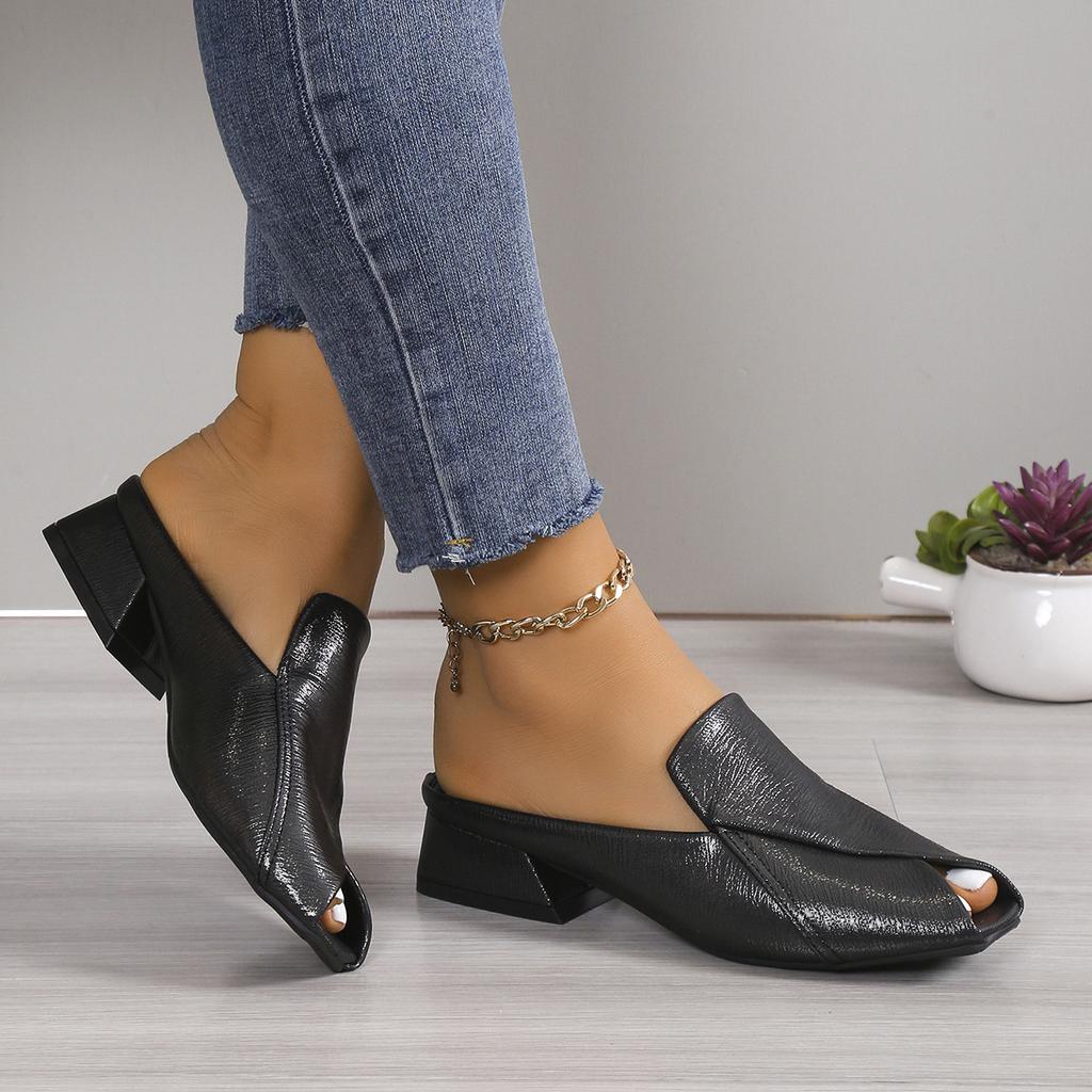 2025 Fashion Half Slippers Female Square Head Personalized Open-toe Square Heel Sandals Fashion Low Heel Outside Wear Slippers