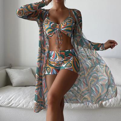 3 Pçs/set Mulheres Sexy Maiô Impresso Spa Praia Desgaste Cintura Elástica Swimwear Cover Up Set Vestuário Esportes Aquáticos
