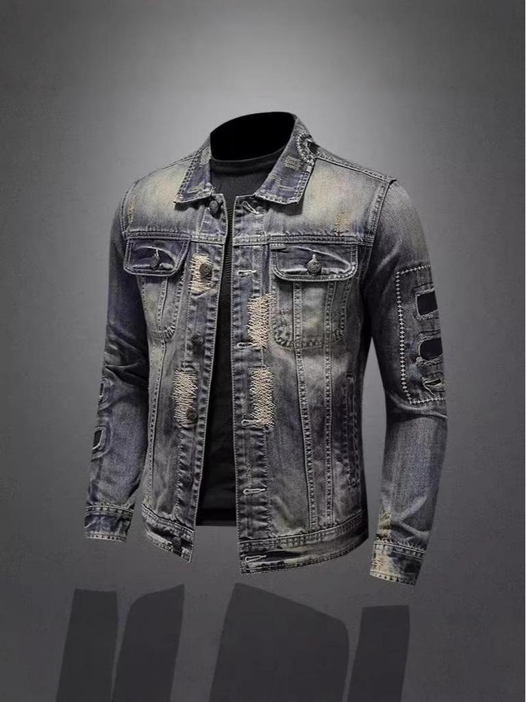 Men's Trendy Punk Street Style Denim Jacket - European & American Spring/Autumn Casual Motorcycle Top