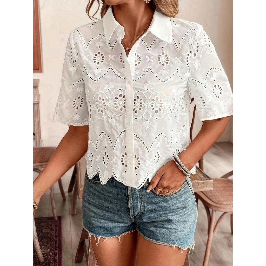 New Women's Solid Color Lace Shirt with Hollowed Out Women's Short Sleeved Casual Top